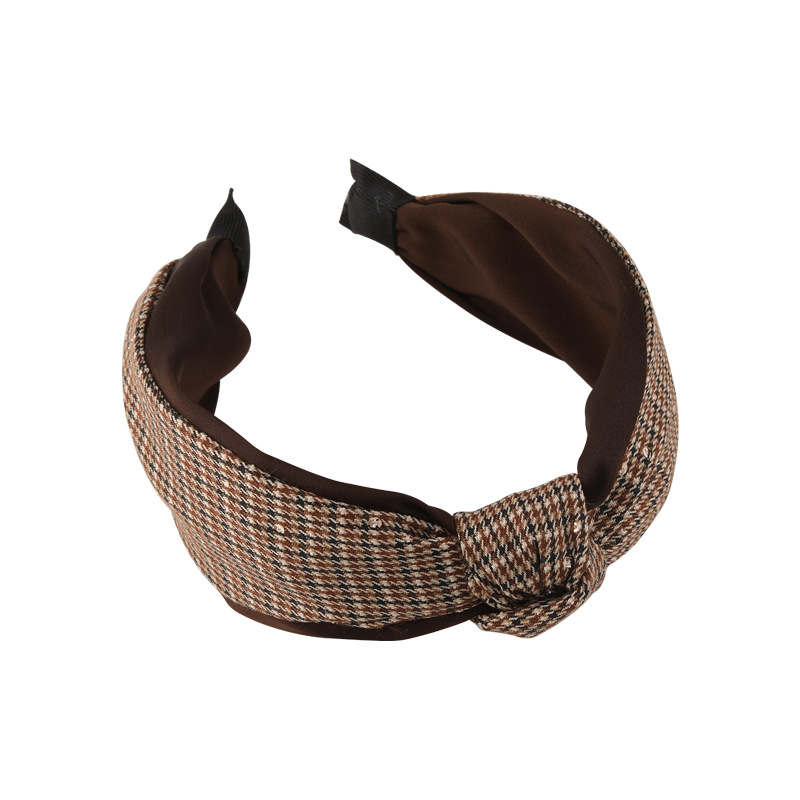 Coffee Color Houndstooth Fashion Knotted Hair Band Korean Retro Wide-brimmed Headband display picture 9