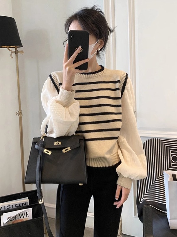 黑白条纹假两件针织上衣女外穿春秋2025新款韩版软糯短款拼接毛衣|undefined