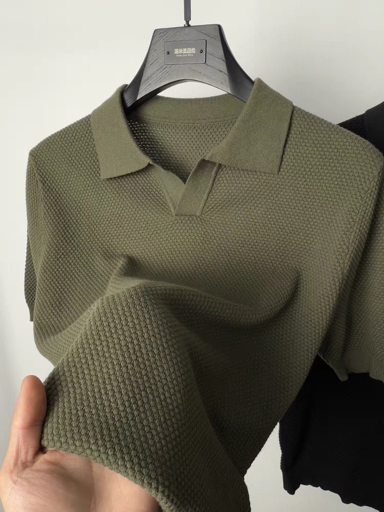 2025 primavera y verano nuevo estilo americano estilo perezoso suéter de punto ligero para hombre, camisa POLO de manga corta con solapa guapa