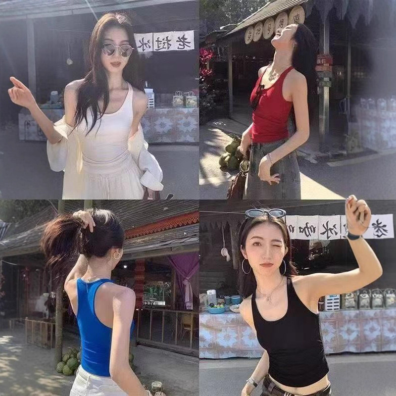 American Hot Girl Work Vest Red Camisole with Breast Pads for Women to Wear Summer Slim Sleeveless Vest Top