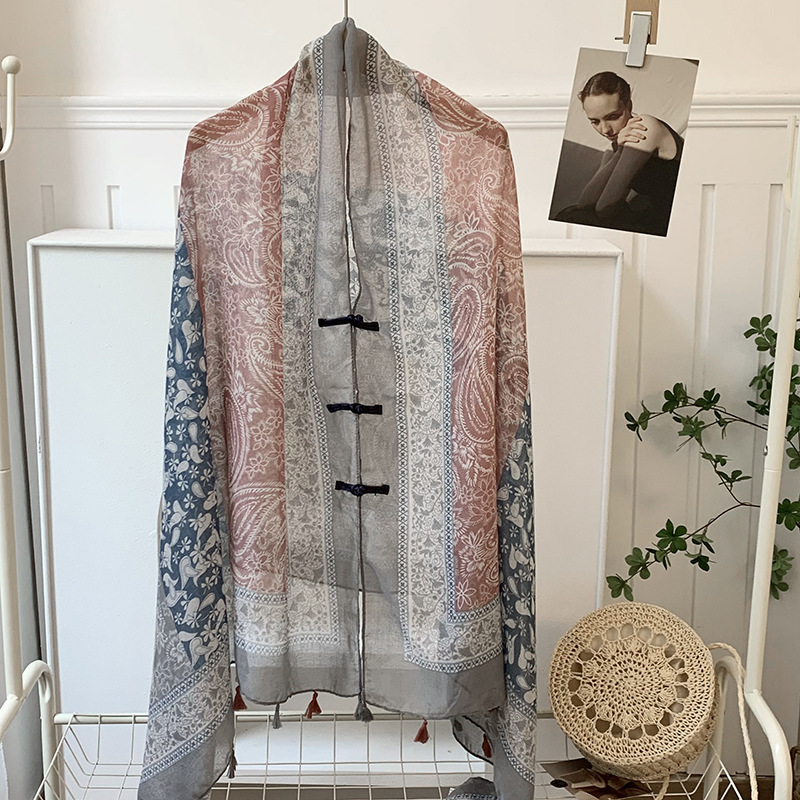 Verano de alta gama ropa exterior de mujer estilo étnico retro protector solar hebilla chal Yunnan Qinghai turismo bufanda de seda