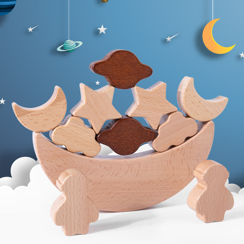 Los niños de madera montessori pensamiento educativo educación temprana padre-hijo montaje interactivo juguete de madera espacio luna equilibrio bloques de construcción