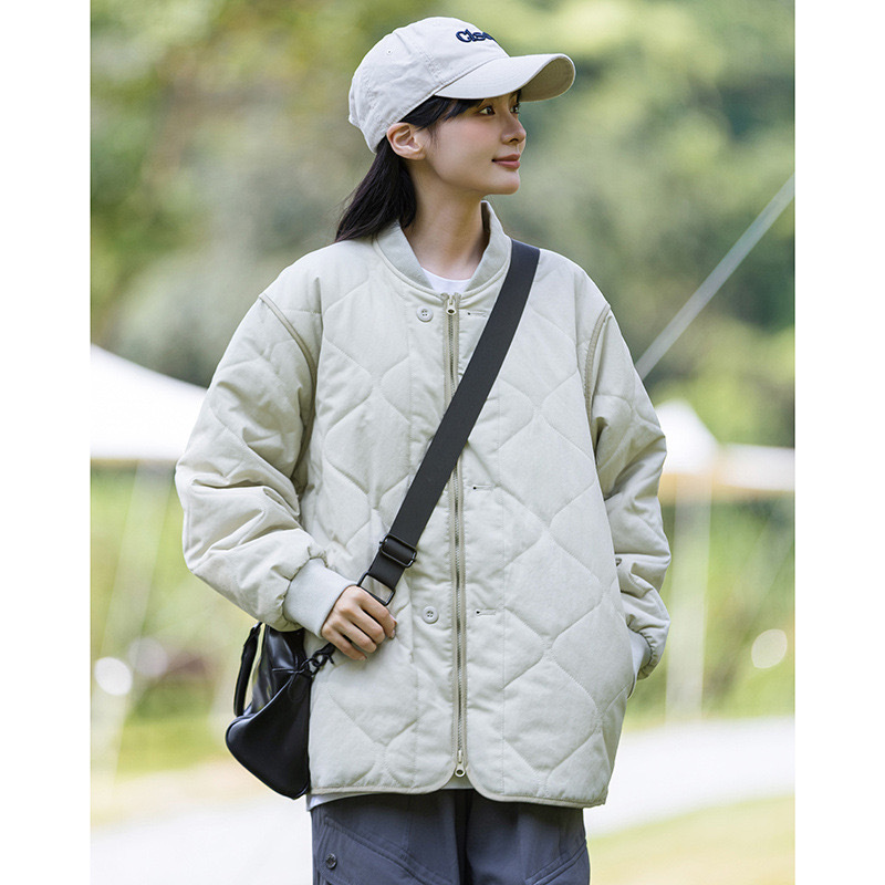 황야 공간 GRASS SPACE 일본식 레트로 다이아몬드 플레이드 코튼 패딩 코트 여자 겨울 경량 야구 면 패딩 코트
