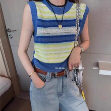 2024新款吊带背心辣妹镂空短款洋气条纹撞多巴胺穿搭上衣西装内搭
