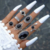 Cross -border jewelry 15 -piece rings Personalized tide Fan Hollow Lotus Flower Geometric Black Gem Set Ring