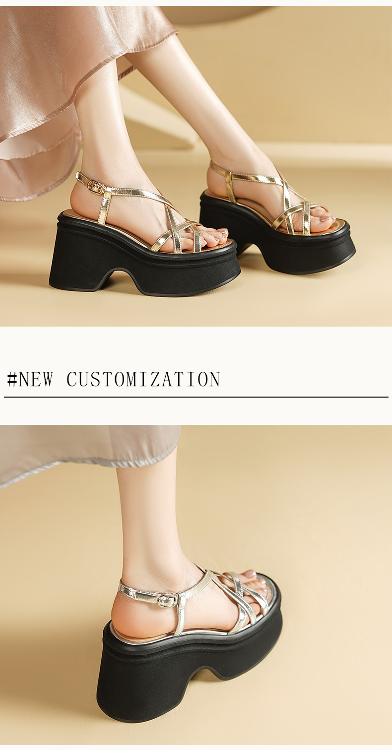 Sandal La Mã dây chéo đế xuồng da thật hở mũi gót cao 9 cm — Màu vàng, Màu bạc chi tiết 3