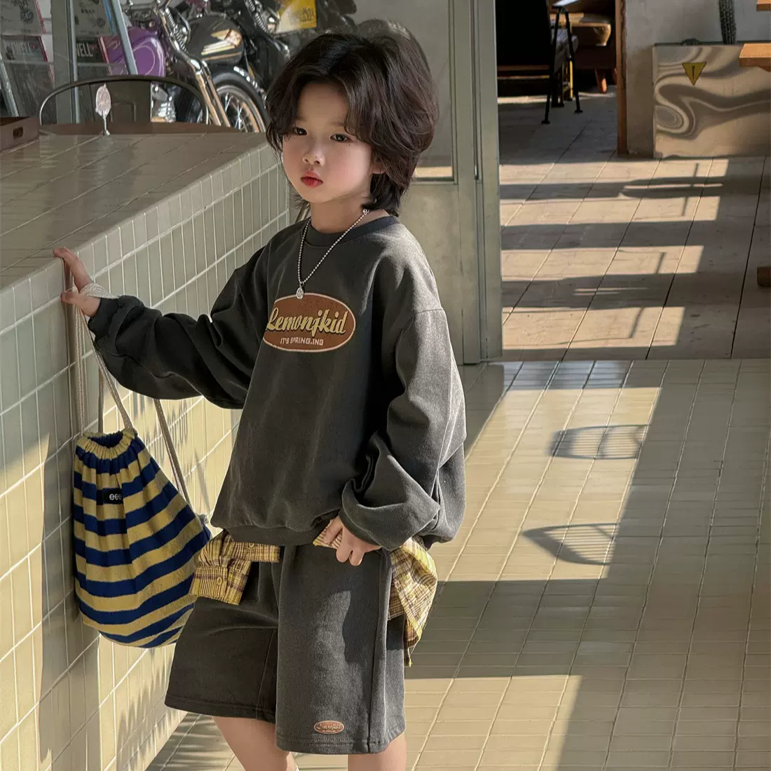 奶酪与喵童装男童套装2026年春季字母印花卫衣短裤两件套潮范帅气