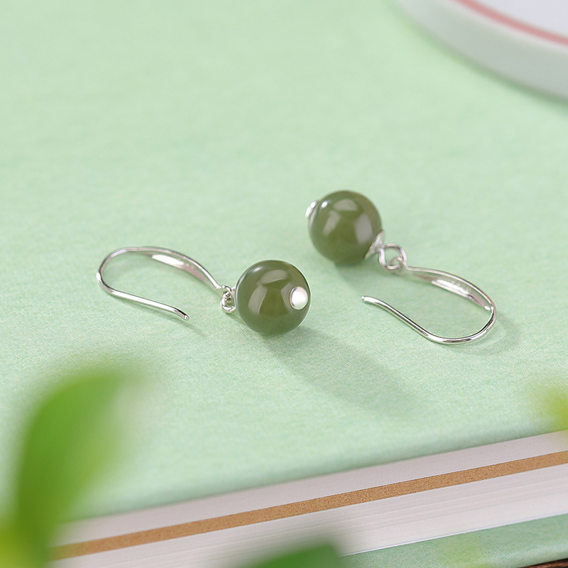 Bông tai bạc S925 móc hoa tai đính đá ngọc bích Hetian hạt tròn đơn giản — Kiểu nước nắng
