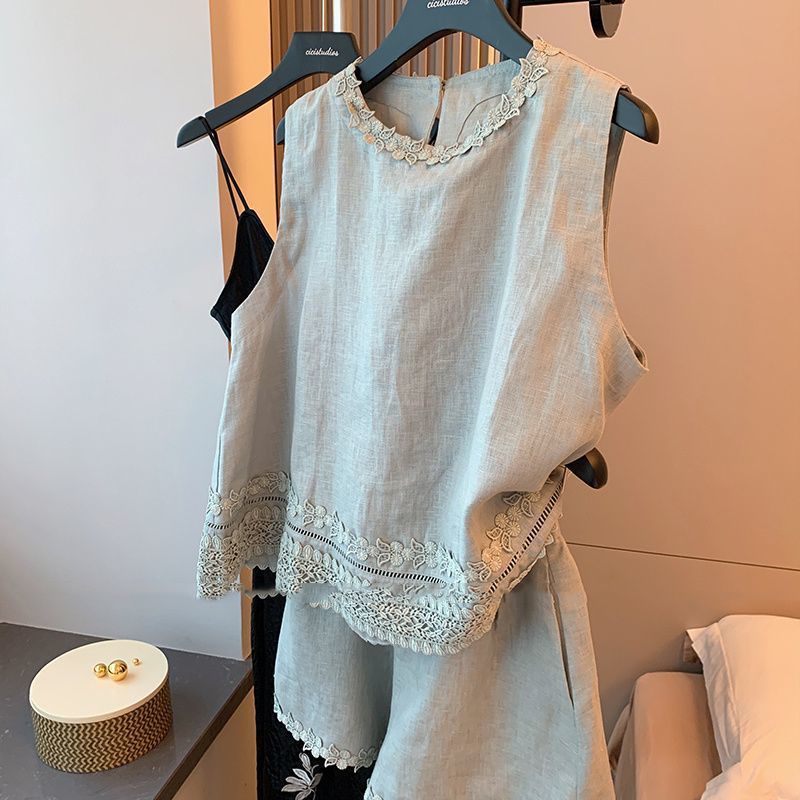 D6X レース刺繍ベストシャツショーツスーツ女性の夏の 2025 新しいスタイルの完全なセットカジュアル 2|undefined