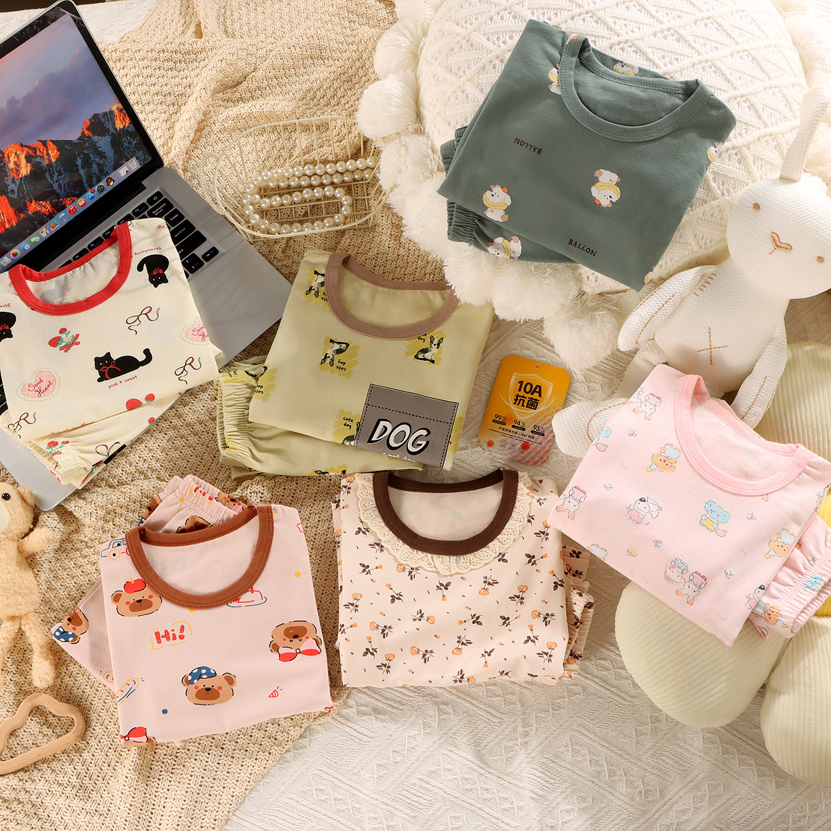 Pijamas infantiles, pantalones para bebés, dibujos animados, ropa para niños, pantalones de manga larga coreanos, set de cuello redondo para niños y niñas