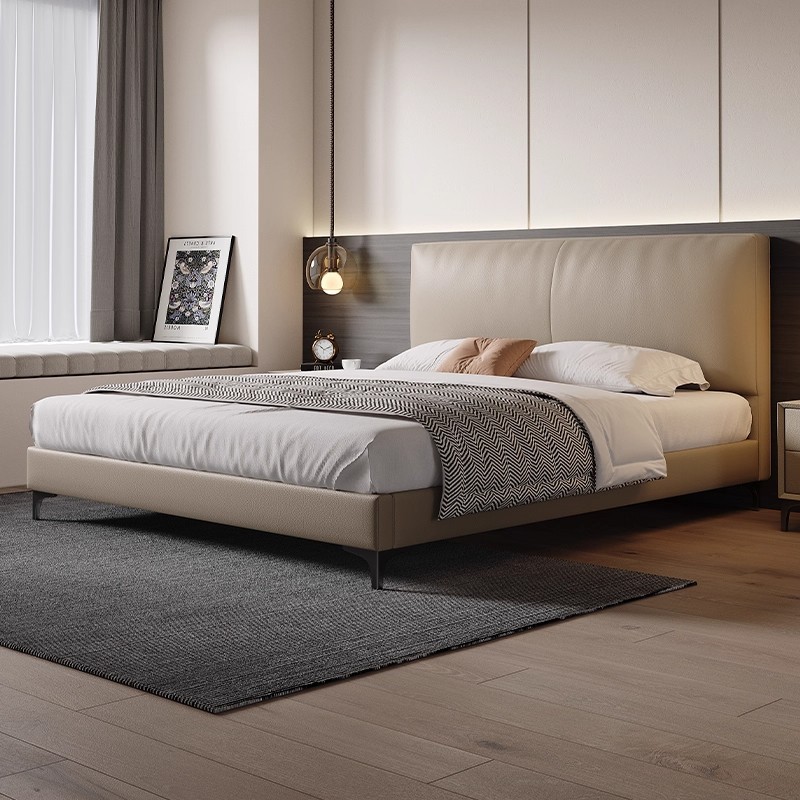 Light Luxury Leather Bed, Modern Simple Upholstered Bed, Small-Sized Master Bedroom Double Bed, Small Tofu Block Leather Bed