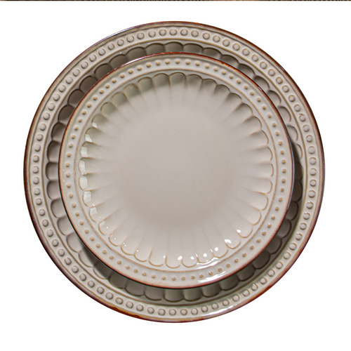 欧式复古浮雕餐具碗碟套装家用创意饭碗平盘菜盘子釉下陶瓷西餐盘