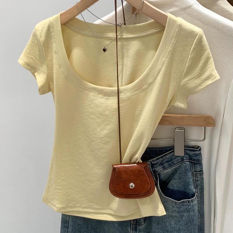 Women's cotton U-neck short-sleeve T-shirt, autumn 2026 new style, pure and attractive, extremely beautiful top Women's cotton U-neck short-sleeve T-shirt, autumn 2026 new style, pure and attractive, extremely beautiful top