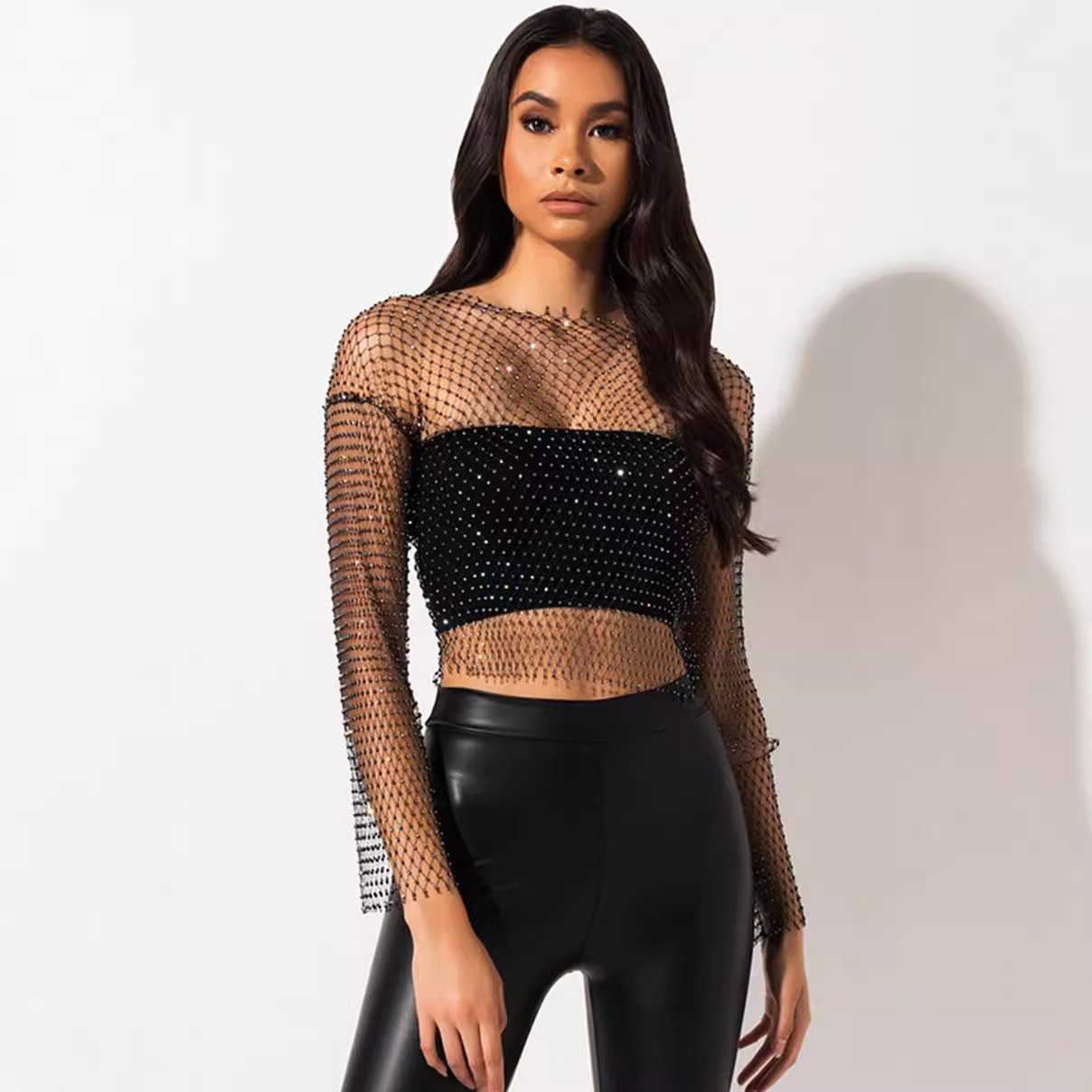 网红渔网罩衫直播ins性感外搭镂空上衣亮钻T恤潮背心烫钻一件代发