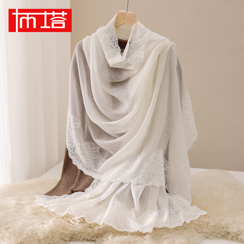 Buta Classy Lace Wool Scarf Women's Winter Wool Gift Mom Style Shoulder Pads Outer Shawl Q204