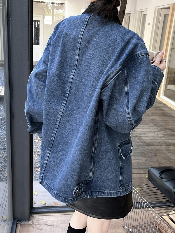初打十三行秋新款复古灯芯绒撞色拼接宽松工装风牛仔外套女NA9088|undefined