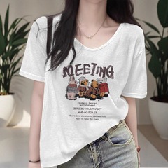 ホワイトバンブーコットンローネックTシャツレディース半袖2025新作夏ヨーロッパルーズビッグネックVネックショルダートップ
