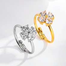 316不锈钢百搭花朵形锆石卡家戒指电镀18K可调节戒指金色银色批发