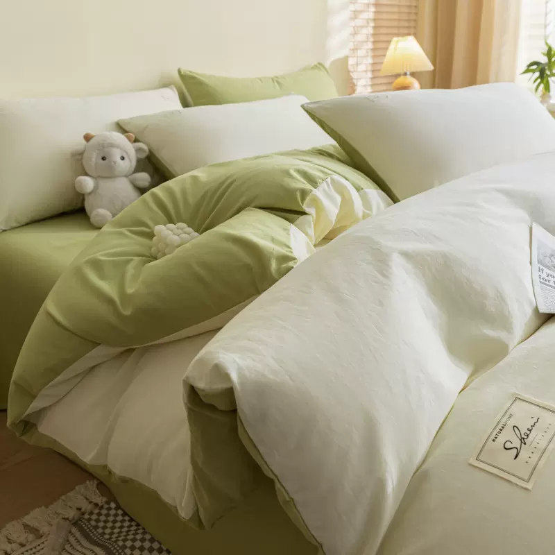 100%纯棉纯色双拼床笠款单双人被罩新款四件套四季款宿舍三件套