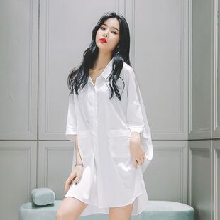Sexy Nightgown Pajamas Women's Short-sleeved Chiffon Mid-skirt Summer Loose Pure White Boyfriend Style Shirt Palace Style Home Wear