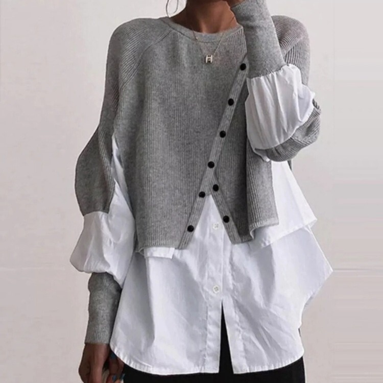 European Cross-Border Spring and Autumn New Knitted Sweater Amazon Shirt Splicing Fake Two-Piece Elegant Outer Wear Women's Clothing