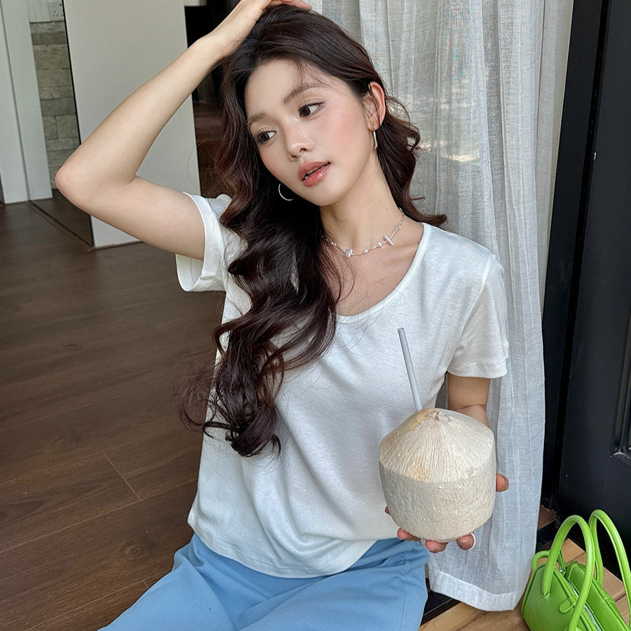 Ai Chunshe Tencel 린넨 바텀 셔츠 여성 2025 봄 여름 Lyocell Goose Egg Collar 티셔츠 피부 친화적인 슬리밍 쇼트