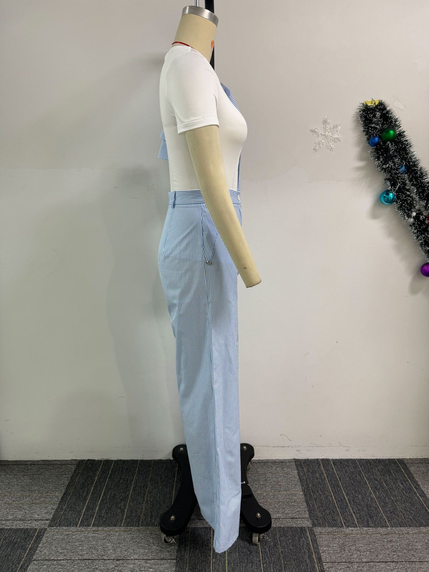 Round Neck Short Sleeve Striped Contrast Color Wide Leg Pants Two Piece Sets