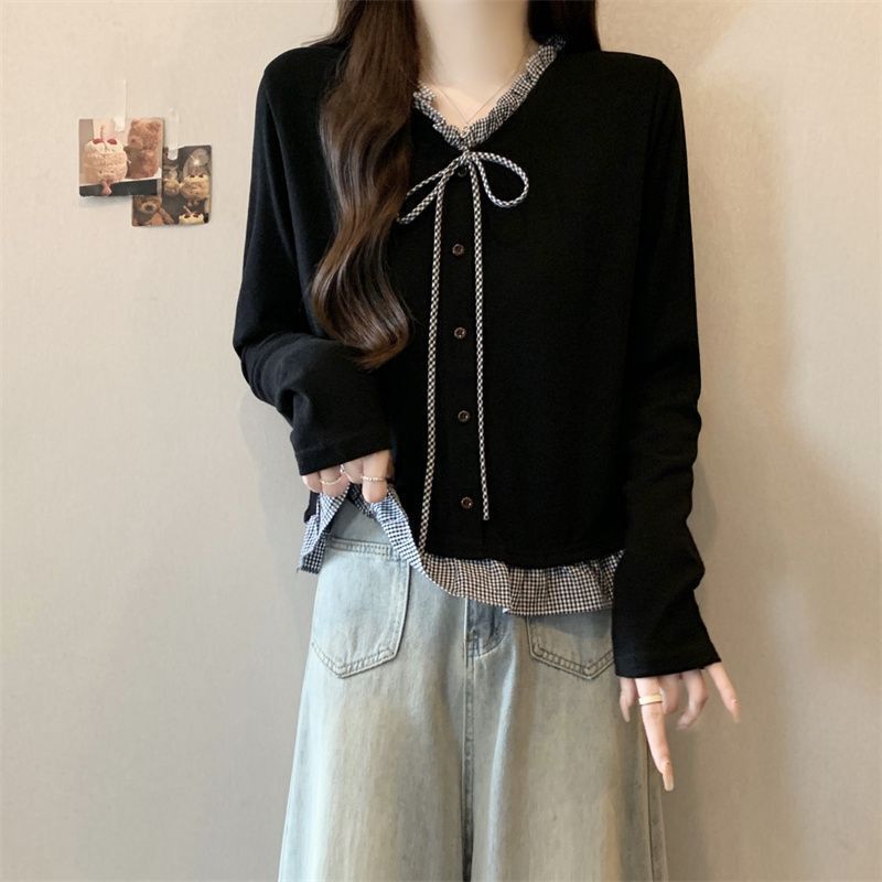 Plus Size German Velvet V Neck Lace-Up Splicing Long-Sleeved T-Shirt for Women in Autumn and Winter New Loose Slimming Look Versatile Fashion Top Plus Size German Velvet V Neck Lace-Up Splicing Long-Sleeved T-Shirt for Women in Autumn and Winter New Loose Slimming Look Versatile Fashion Top