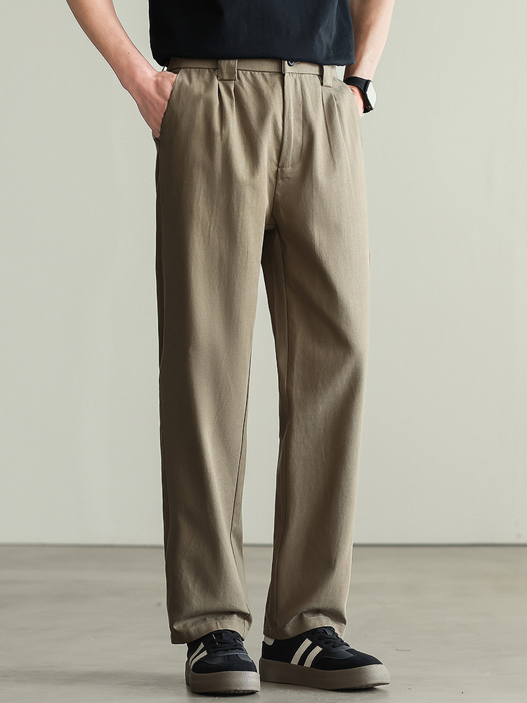 【リヨセル・テンセル＆コットン】ドレープ感のあるストレートカジュアルパンツ メンズ 2026春 通勤 カーキ色 ワイドパンツ