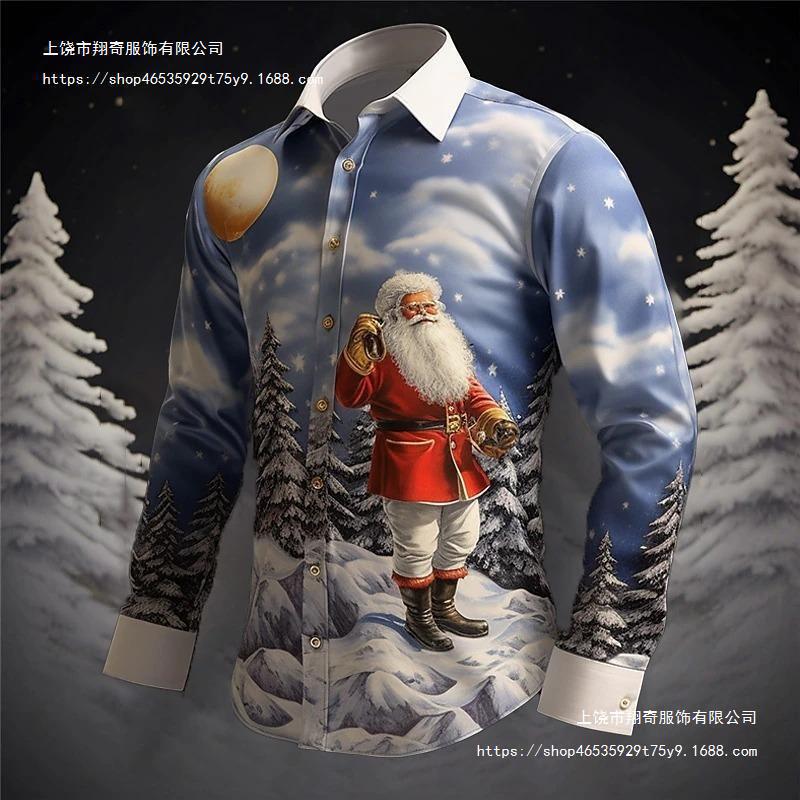 Hot Sale Christmas Long Sleeve Shirt Santa Claus 3D Digital Printing Casual Fashion Men's Tops Drop Shipping