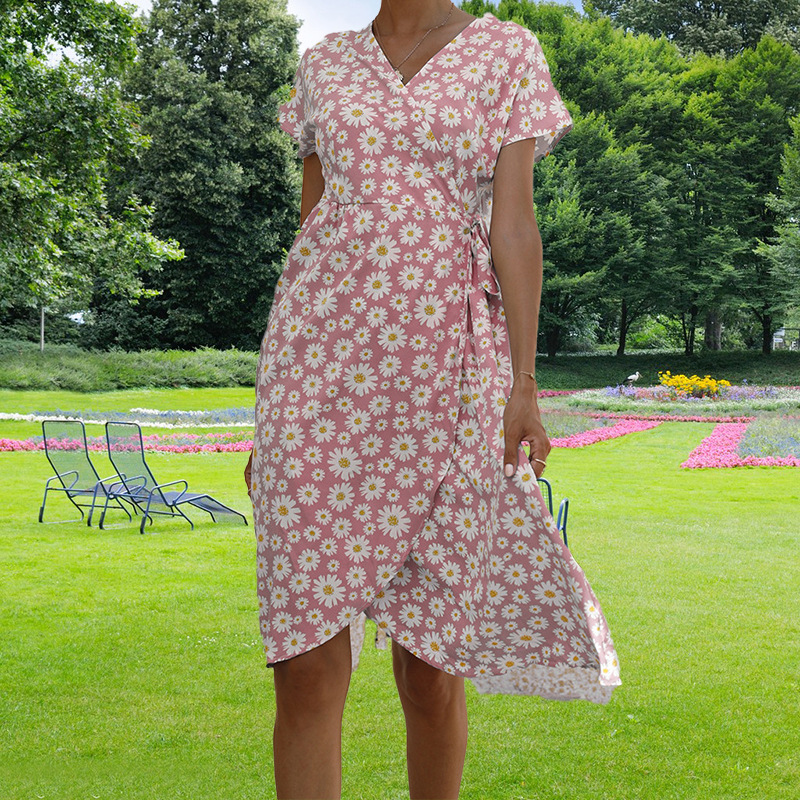 Women Stylish Long Dress Waist‑Cinch Design With All‑Over Print, Tie‑Waist & High Slit_ecoleips.com