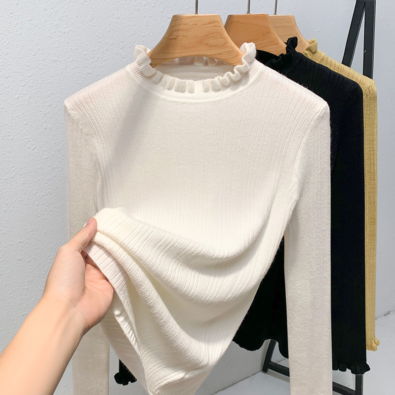 Cuello con volantes punto camisa de fondo para las mujeres 2023 nuevas color sólido suave glutinoso suéter caliente Cintura interior apretado top image 5
