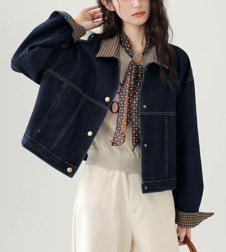 Áo khoác denim nữ ngắn phối caro cổ ve áo tay dài — màu xanh (chất lượng cao) chi tiết 8