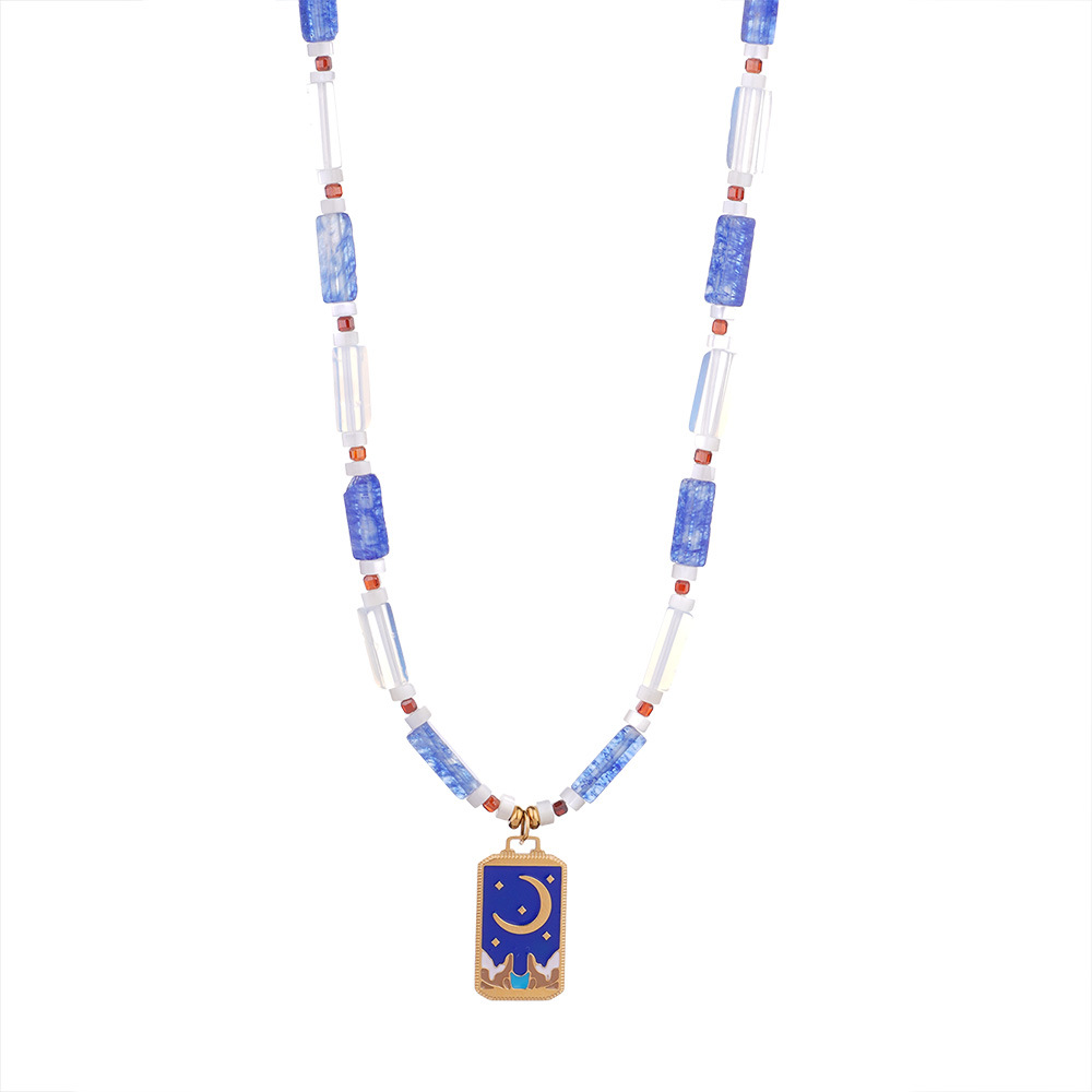 Women's Gender Natural Stone Titanium Steel Beaded Chain Enamel Geometric Sun Heart Shape Pendant Necklace