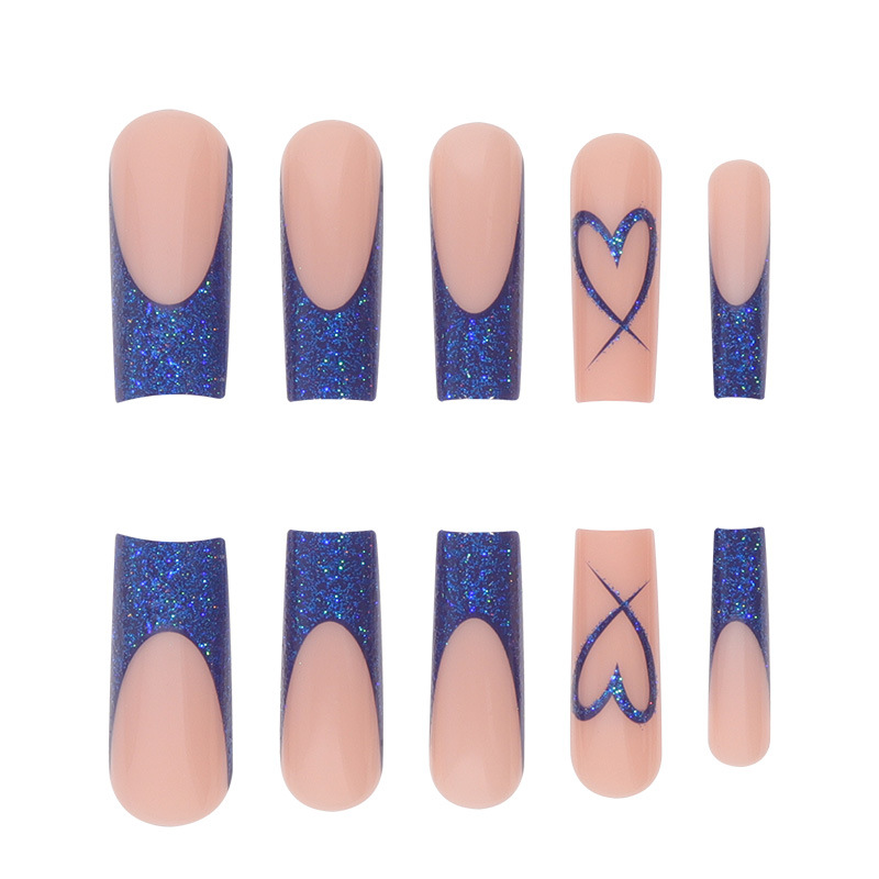 Long Blue Heart Patterned Press-on Nails For Valentine Day Style_voghion.com