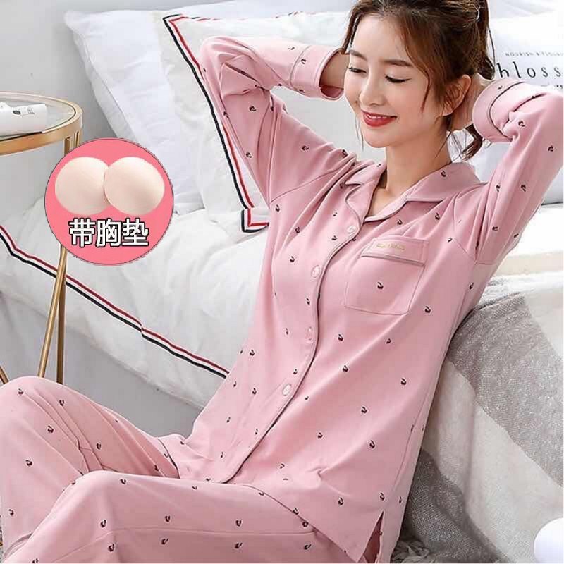 2023 Nuevo % pijamas de algodón puro para mujer de primavera y otoño con almohadilla en el pecho pantalones de manga larga de otoño traje de dos piezas de una pieza