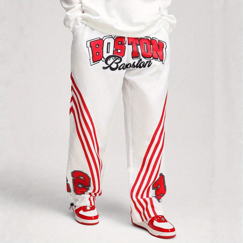 American Style Spring and Autumn Men's New Red and White Striped Letter Print Trendy Fashion Lightweight Casual Long Pants