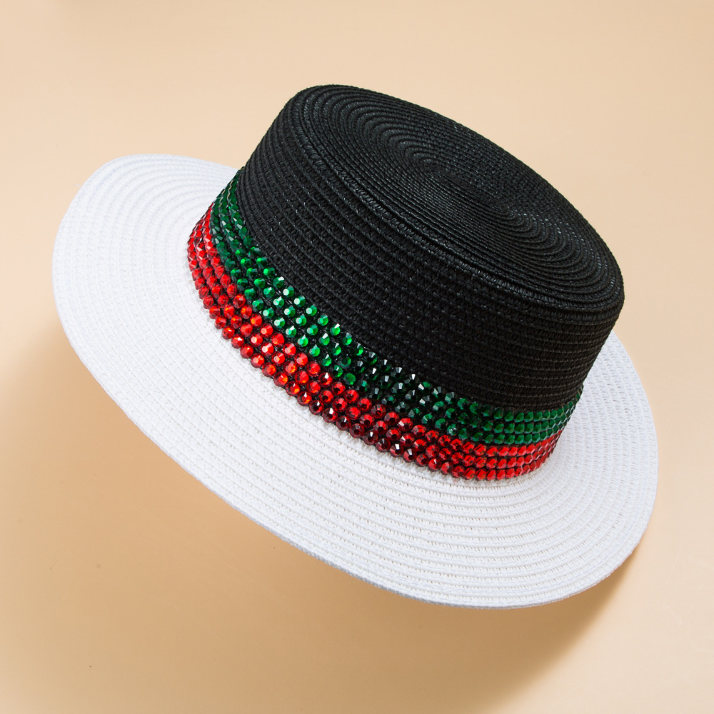 Colorful Rhinestone Small Brim Flat Top Straw Sun-proof Travel Hat display picture 2