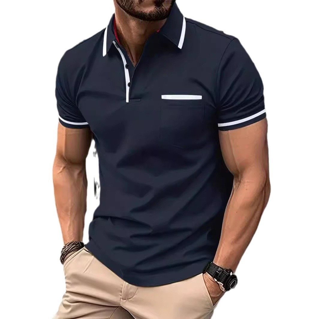 Polo Monochrome Man - Patchwork de poche pour le commerce extérieur, style européen et américain, col rabattu, décontracté au quotidien._voghion.com