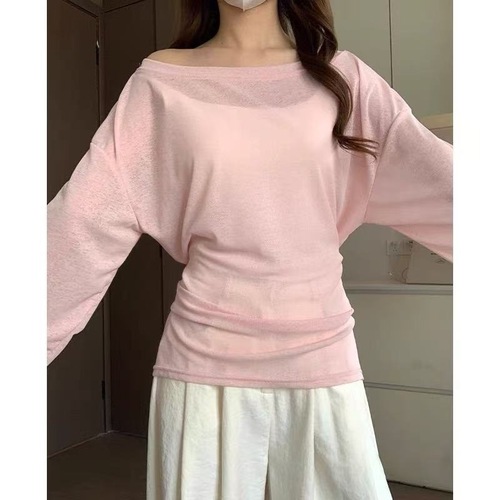 Korean-style design tie-waist long-sleeve T-shirt for women, summer thin version sunscreen cover-up, elegant off-shoulder and diagonal shoulder top