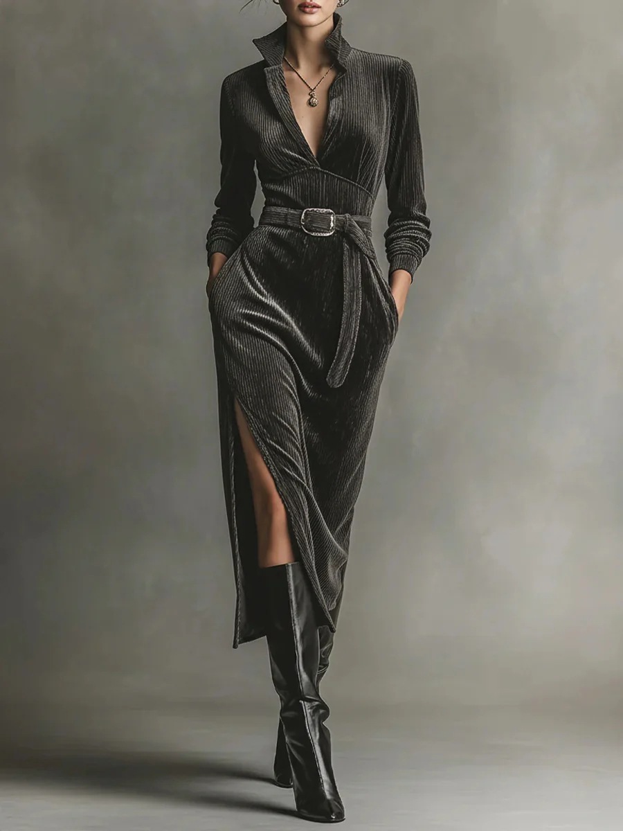 2025 European and American Cross-Border Amazon Women's Clothing Ins Autumn and Winter Elegant V-Neck High-Waist Pure Color Lace-Up Slit Dress