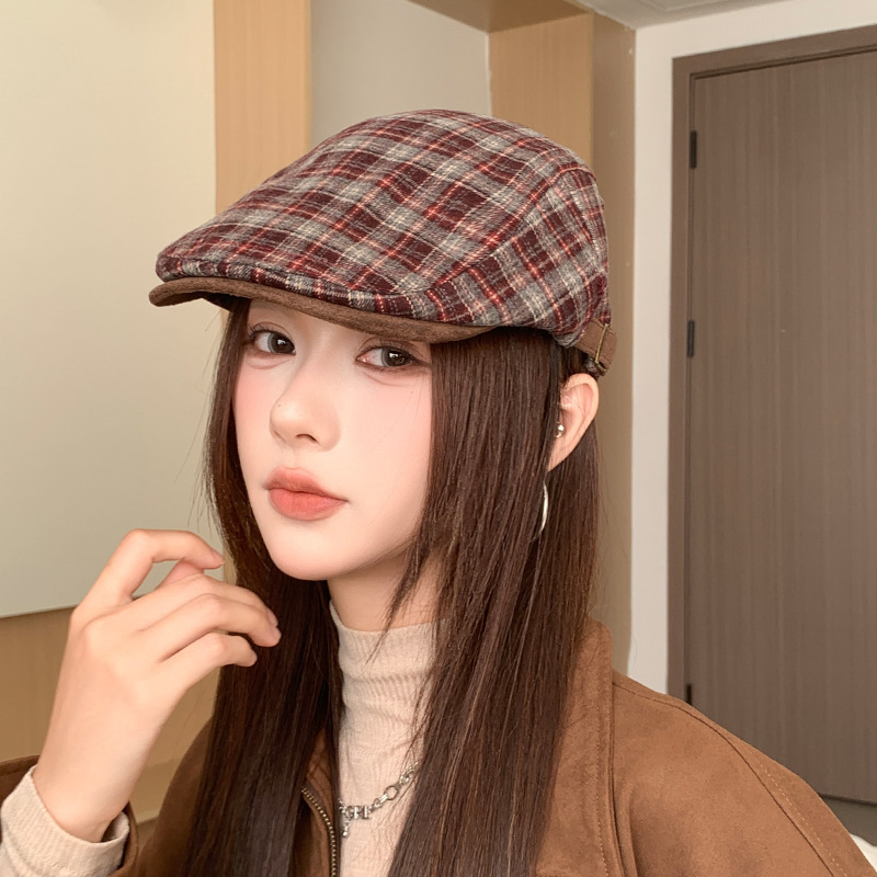 复古格纹前进帽英伦风正反两戴百搭贝雷帽秋冬季松弛感文艺画家帽|undefined