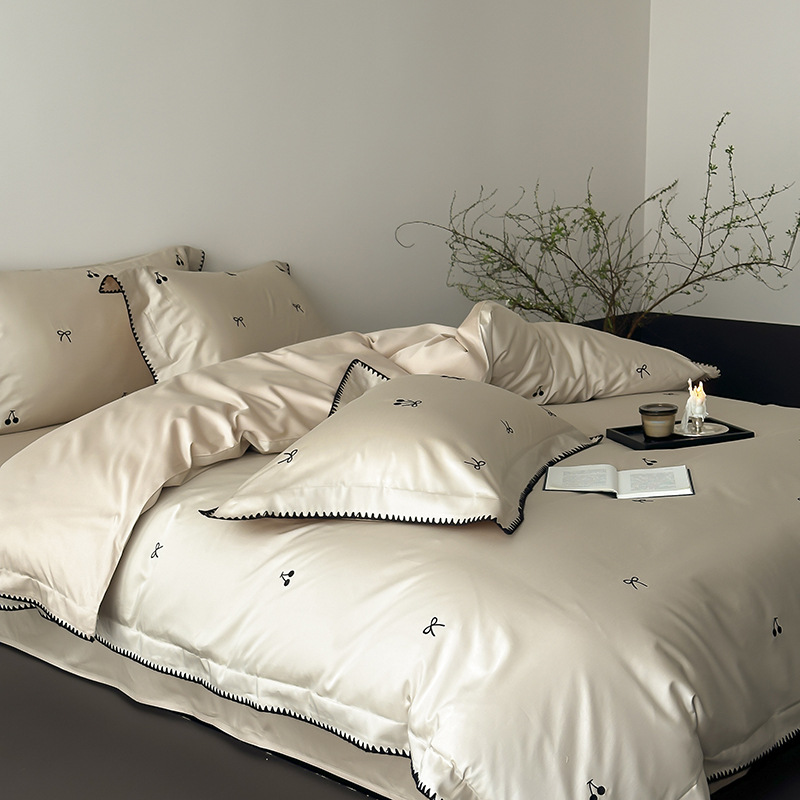 Set da quattro pezzi in raso australiano 100S, lenzuolo e copripiumino in puro cotone spazzolato, biancheria da letto con fiocco in stile francese interamente in cotone_voghion.com