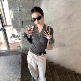 2025新款挂脖假两件长袖上衣女小众辣妹秋冬季V领彩钻修身打底