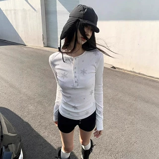 【260克人棉莫代尔】美式重工雪花满印烫钻修身显瘦圆领百搭上衣