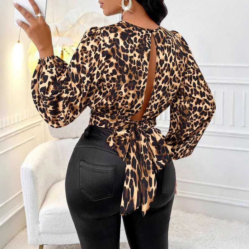 New Cross-Border Popular Printed Long-Sleeved Shirt for Women, Sexy Puff Sleeves, Lace-Up Waist, Slimming Women's Top New Cross-Border Popular Printed Long-Sleeved Shirt for Women, Sexy Puff Sleeves, Lace-Up Waist, Slimming Women's Top