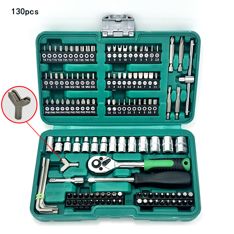 跨境热销130件1/4英寸驱动套筒批头扳手组合套装汽修组合工具