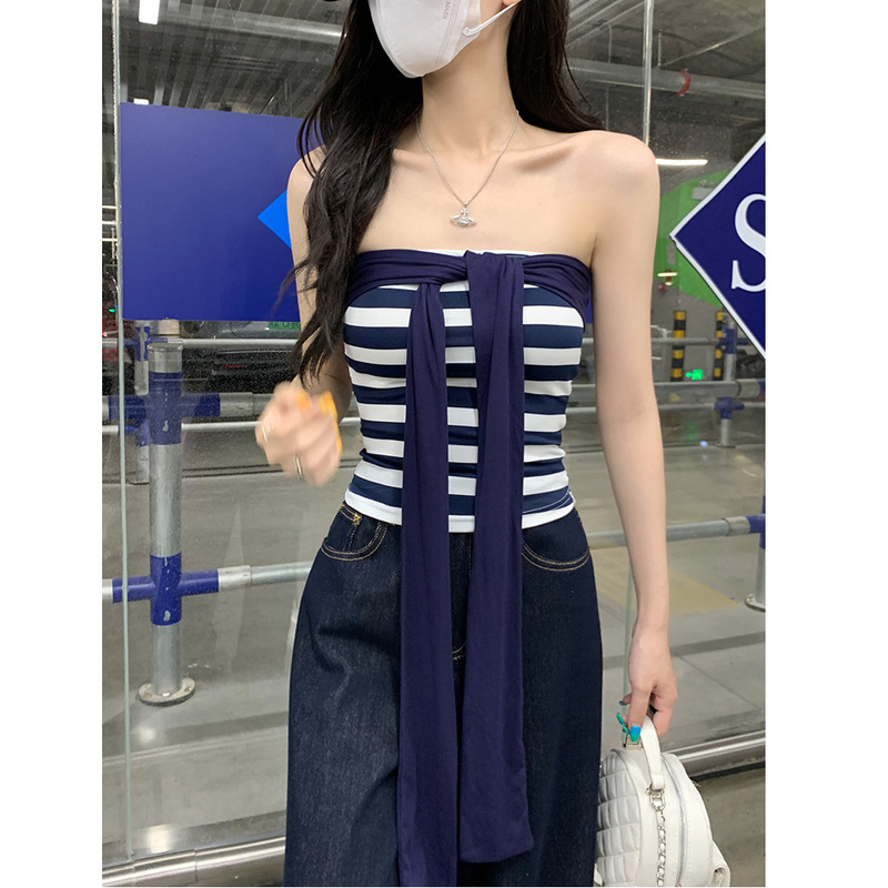 辣妹早秋套装女2025新款绑带条纹抹胸上衣搭配长袖防晒罩衫两件套|undefined