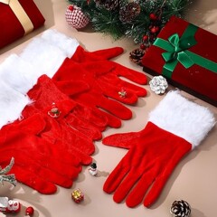 クロスボーダー新しいクリスマス手袋クリスマス装飾クリスマスゴールドベルベットレッドショート女性パーティーぬいぐるみ手袋