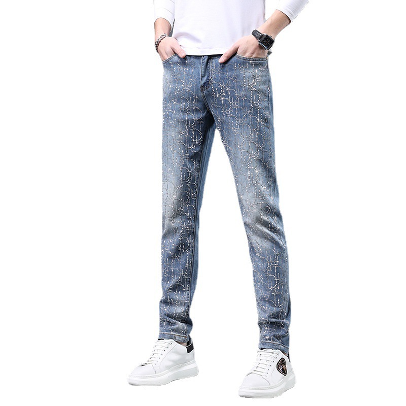 Pantalones vaqueros de diamantes de imitación de marca de moda para hombre azul claro 2023 Verano Delgado slim fit skinny stretch pantalones casuales de alta gama